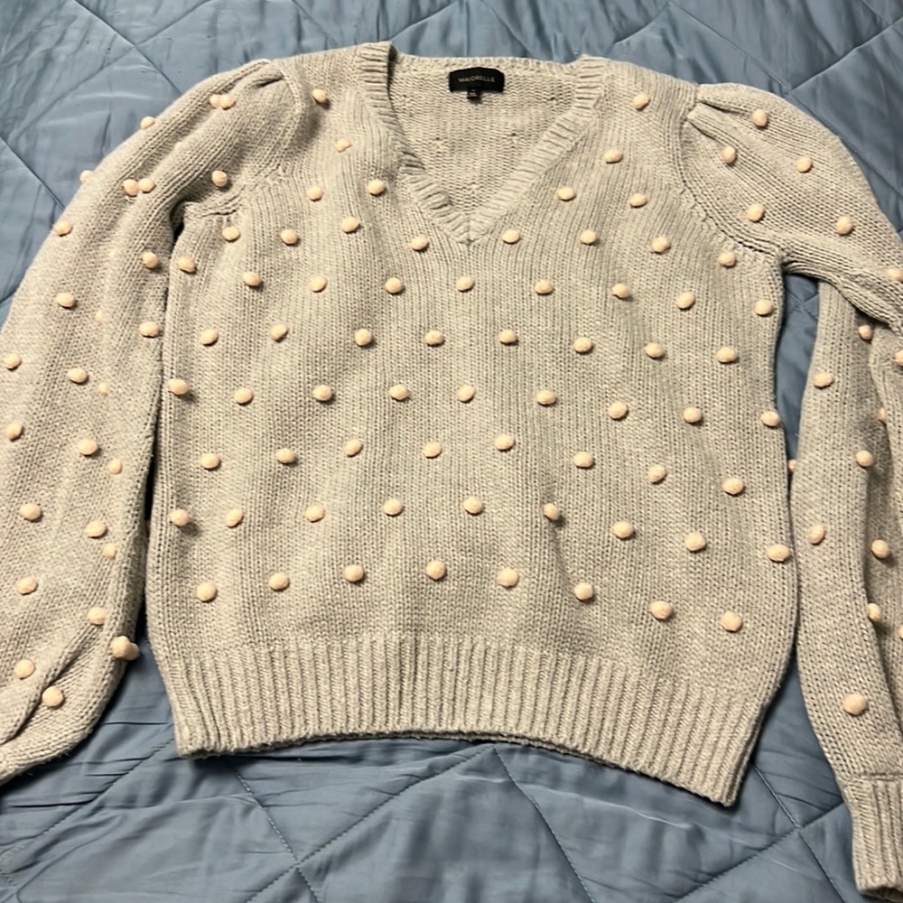 Majorelle light blue with ivory Pom Pom v neck sweater, size M